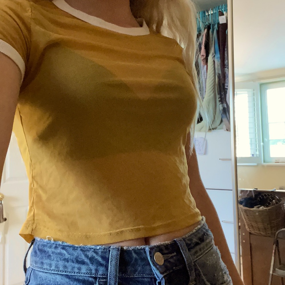 yellow with white trim see-through women’s shirt